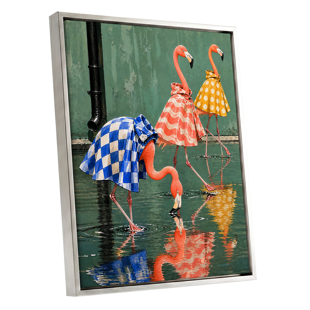 Flamingo Raincoat Parade, green, pink, blue nature wall art shown as a silver framed canvas wall art