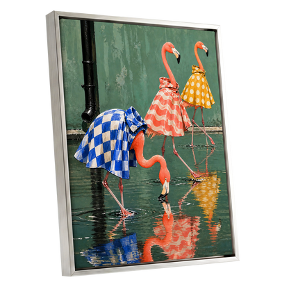 Flamingo Raincoat Parade, green, pink, blue nature wall art shown as a silver framed canvas wall art