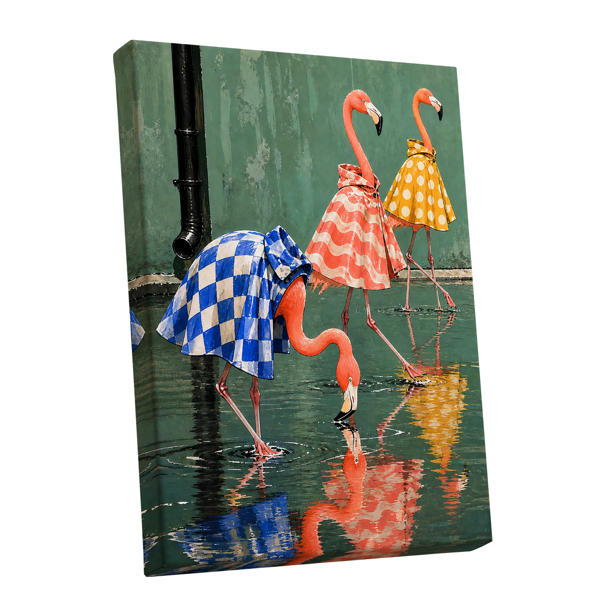 Flamingo Raincoat Parade, green, pink, blue nature wall art shown as a stretched canvas wall art