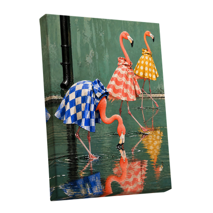 Flamingo Raincoat Parade, green, pink, blue nature wall art shown as a stretched canvas wall art