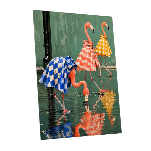 Flamingo Raincoat Parade, green, pink, blue nature wall art shown as a unframed poster wall art print