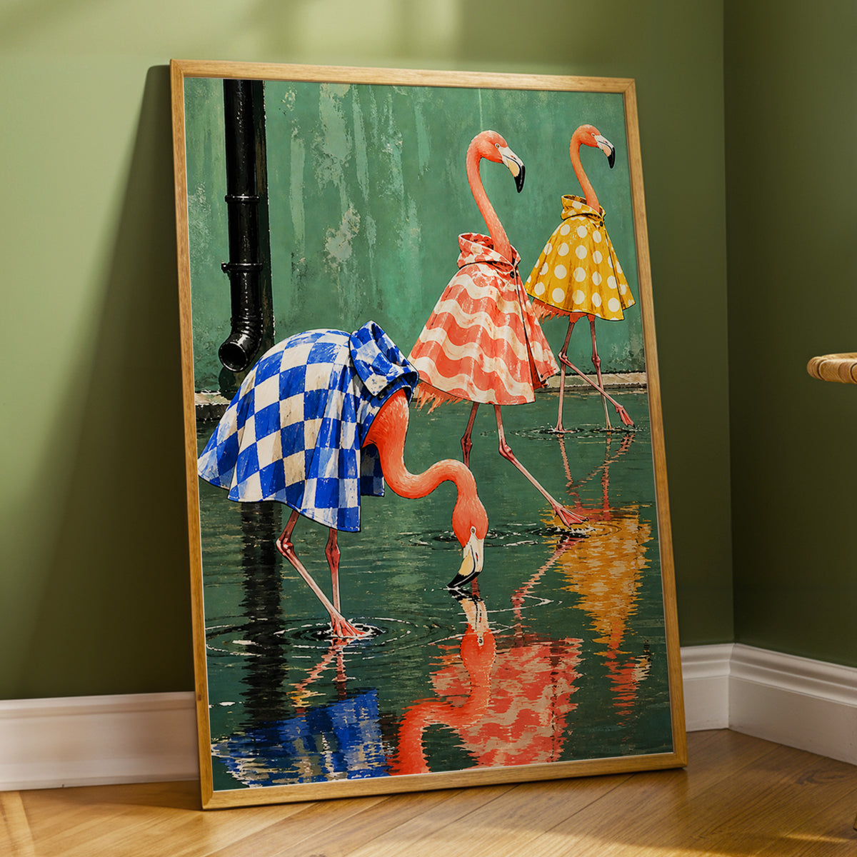 Flamingo Raincoat Parade, green, pink, blue nature wall art displayed in a styled interior, gallery view 2