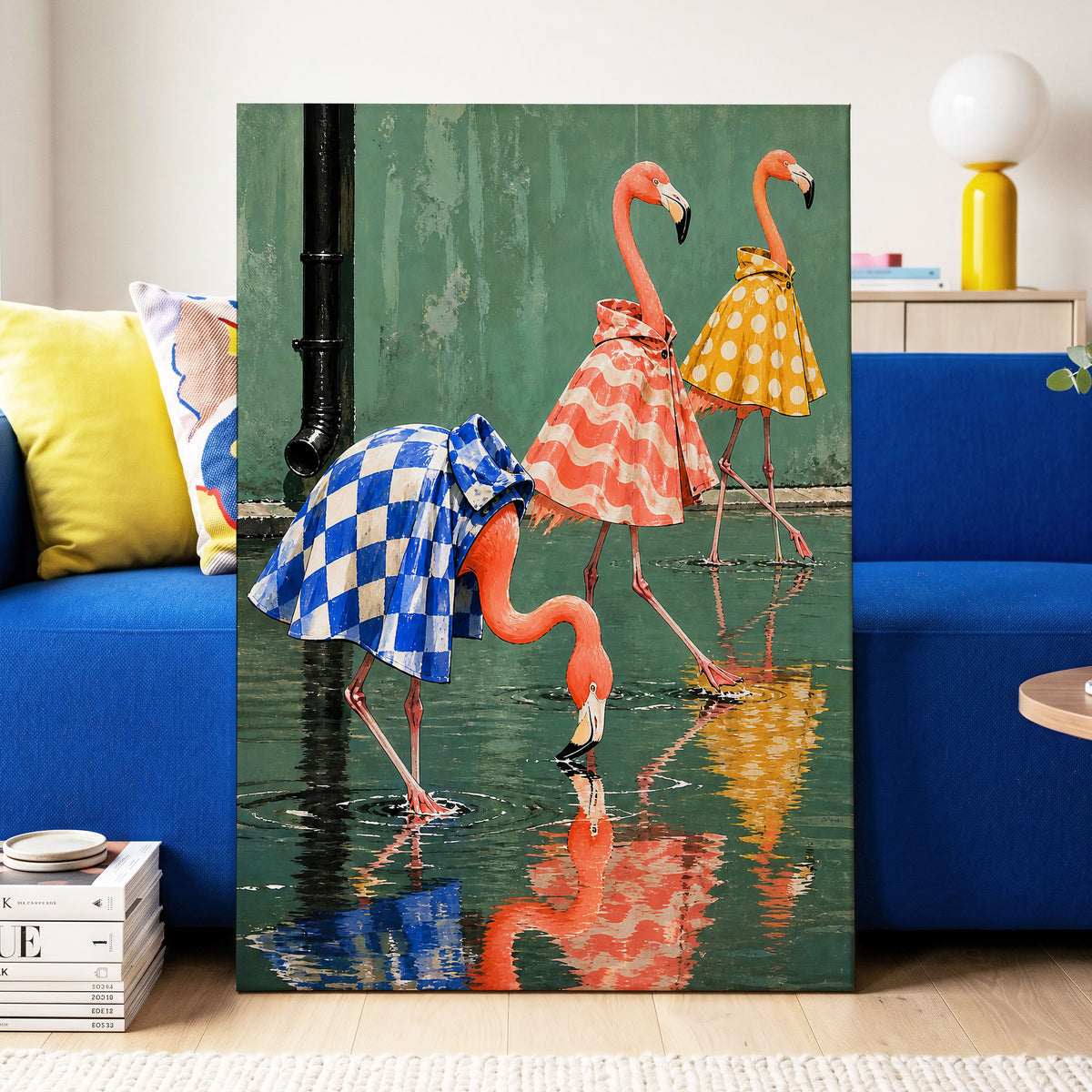 Flamingo Raincoat Parade, green, pink, blue nature wall art displayed in a styled interior, gallery view 3