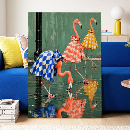Flamingo Raincoat Parade, green, pink, blue nature wall art displayed in a styled interior, gallery view 3