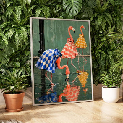 Flamingo Raincoat Parade, green, pink, blue nature wall art displayed in a styled interior, gallery view 4