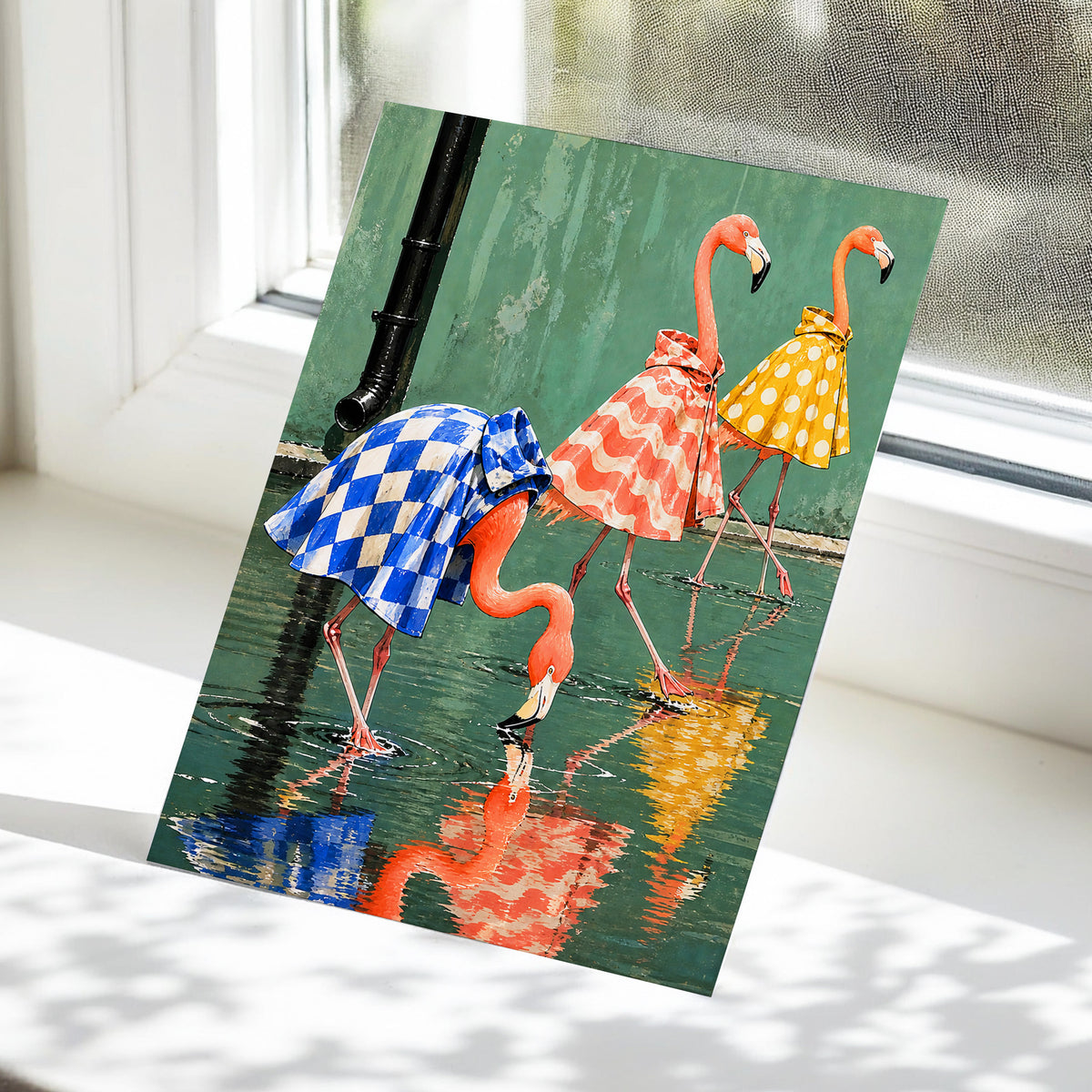 Flamingo Raincoat Parade, green, pink, blue nature wall art displayed in a styled interior, gallery view 5