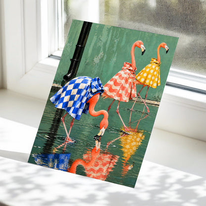 Flamingo Raincoat Parade, green, pink, blue nature wall art displayed in a styled interior, gallery view 5