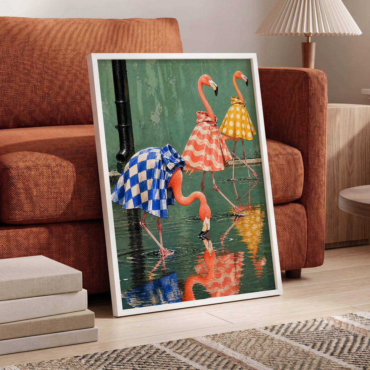 Flamingo Raincoat Parade, green, pink, blue nature wall art displayed in a styled interior, gallery view 6