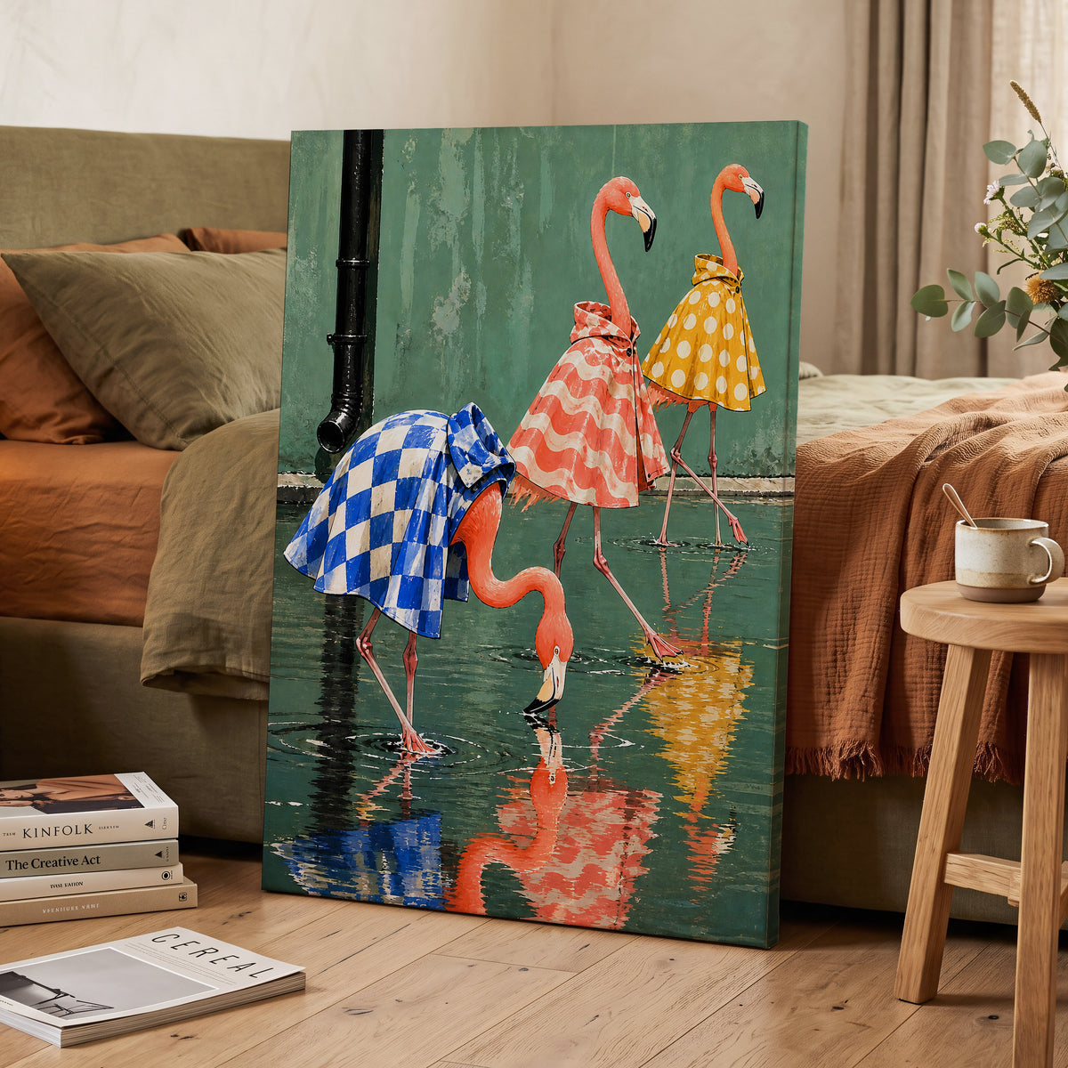 Flamingo Raincoat Parade, green, pink, blue nature wall art displayed in a styled interior, gallery view 7