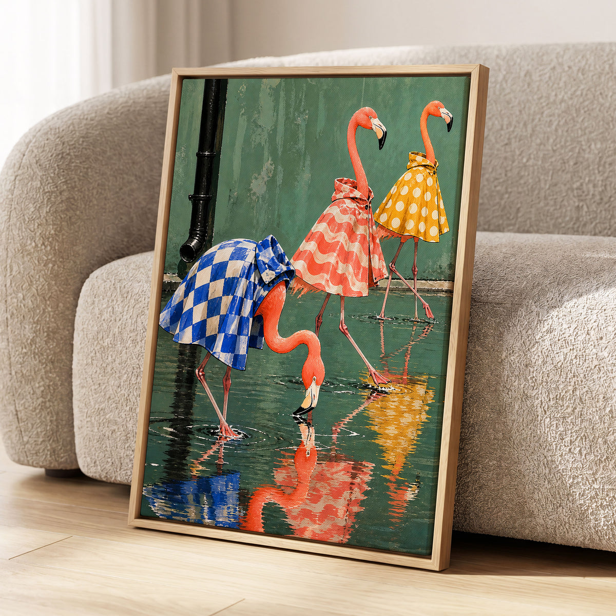 Flamingo Raincoat Parade, green, pink, blue nature wall art displayed in a styled interior, gallery view 8