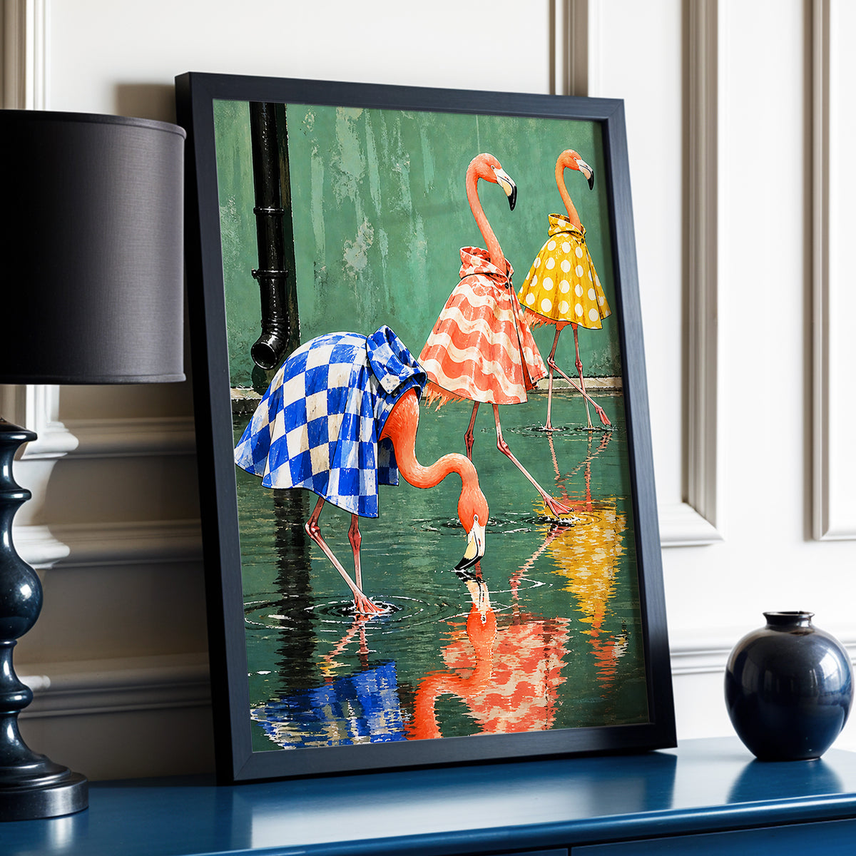 Flamingo Raincoat Parade, green, pink, blue nature wall art displayed in a styled interior, gallery view 9