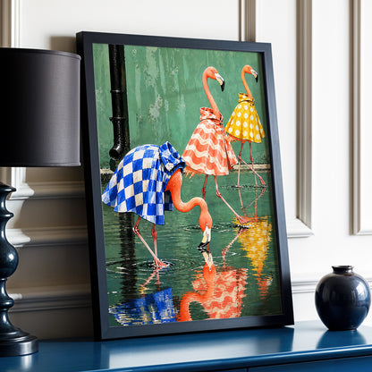 Flamingo Raincoat Parade, green, pink, blue nature wall art displayed in a styled interior, gallery view 9