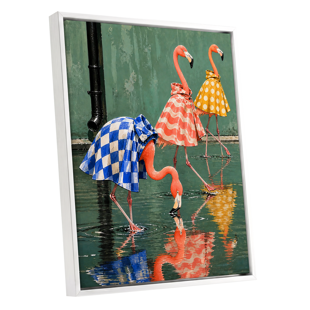 Flamingo Raincoat Parade, green, pink, blue nature wall art shown as a white framed canvas wall art