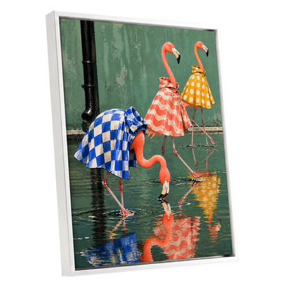 Flamingo Raincoat Parade, green, pink, blue nature wall art shown as a white framed canvas wall art