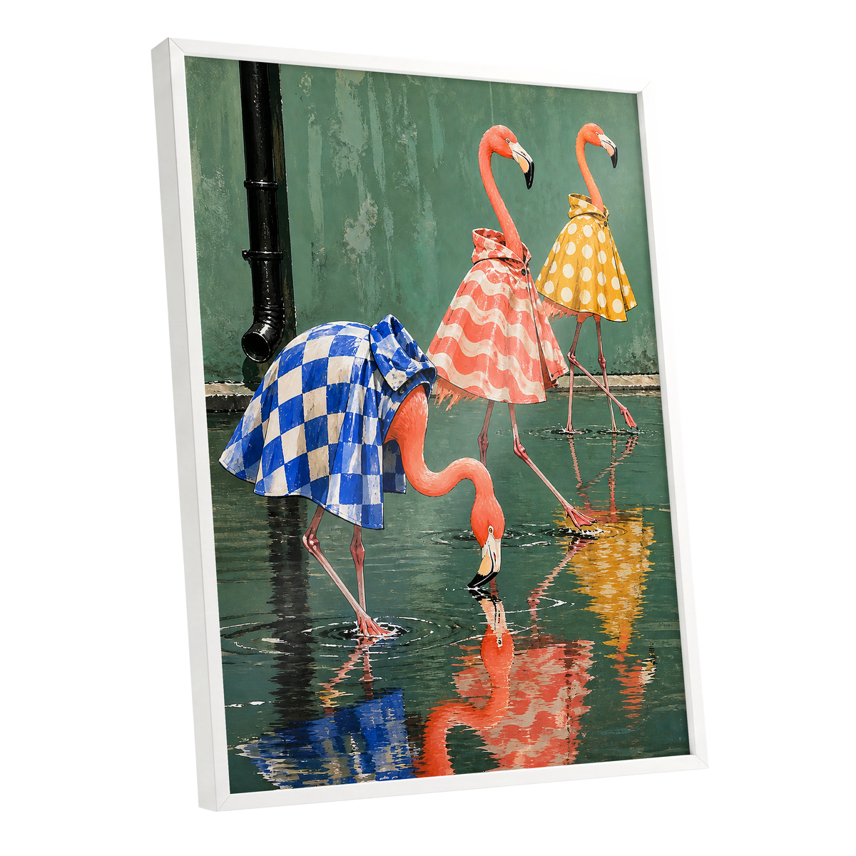 Flamingo Raincoat Parade, green, pink, blue nature wall art shown as a white framed poster wall art print