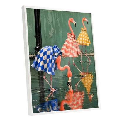 Flamingo Raincoat Parade, green, pink, blue nature wall art shown as a white framed poster wall art print