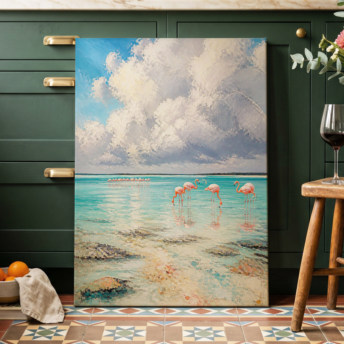 Flamingo Tides, blue, white, pink nature wall art on canvas displayed in a styled interior, gallery view 1