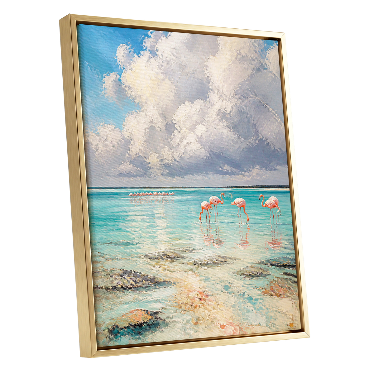 Flamingo Tides, blue, white, pink nature wall art shown as a gold framed canvas wall art