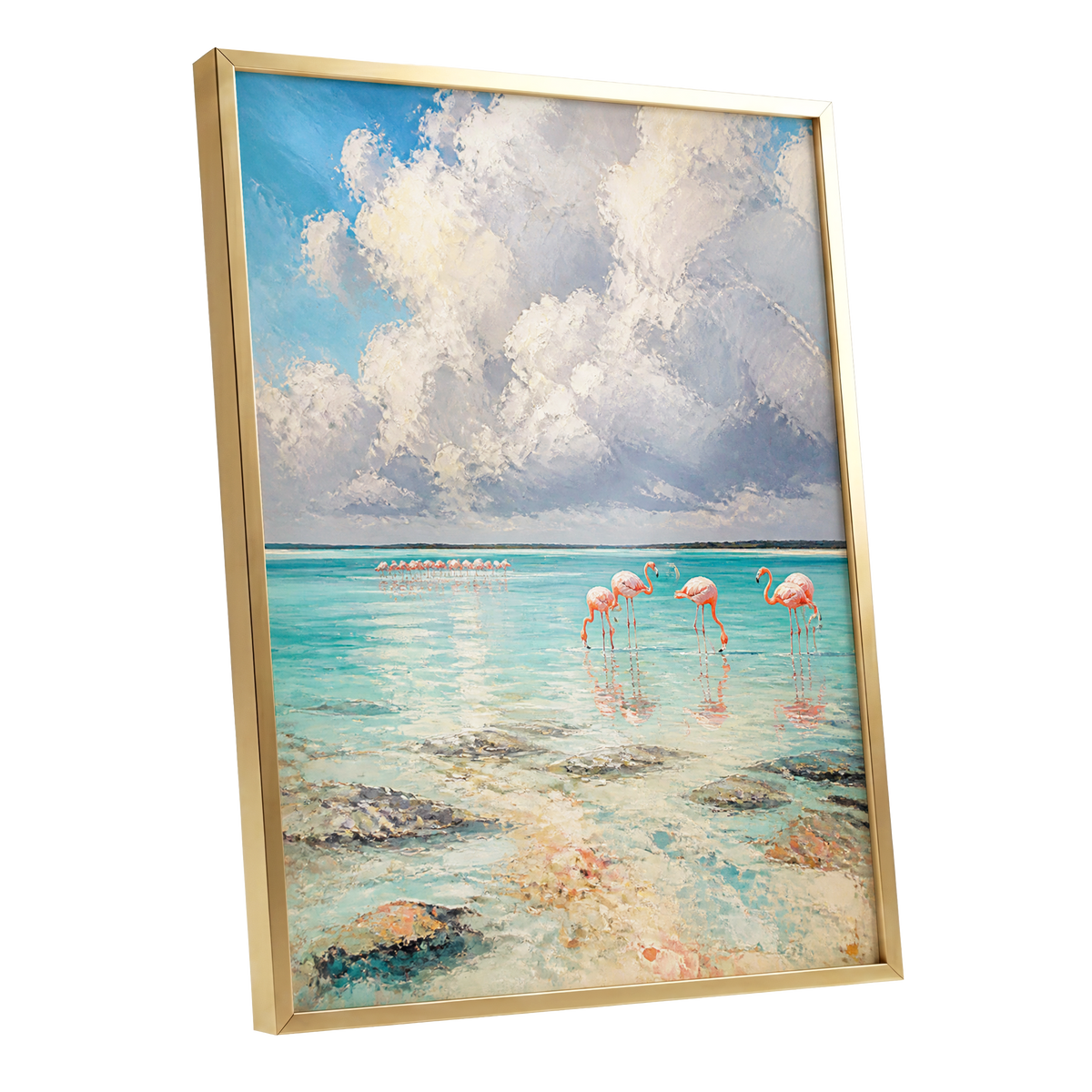 Flamingo Tides, blue, white, pink nature wall art shown as a gold framed poster wall art print