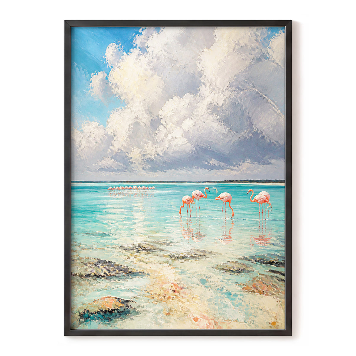 Flamingo Tides, blue, white, pink nature wall art, front artwork view