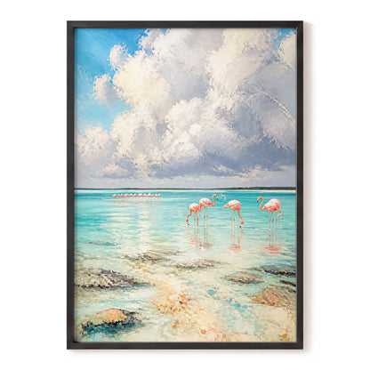 Flamingo Tides, blue, white, pink nature wall art, front artwork view