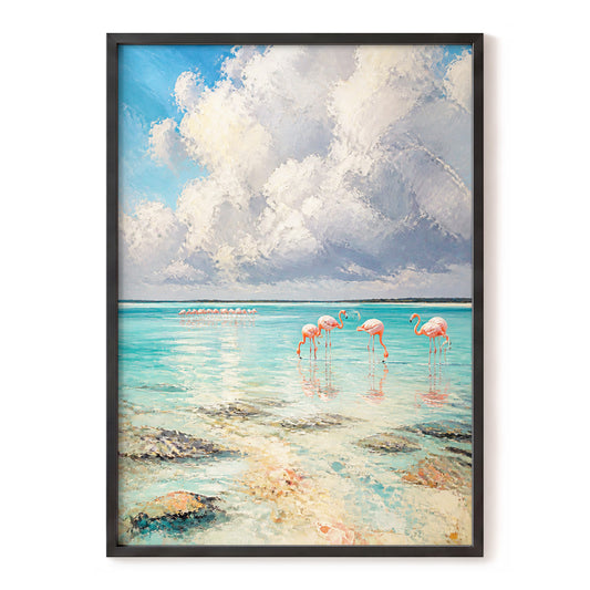 Flamingo Tides, blue, white, pink nature wall art, front artwork view