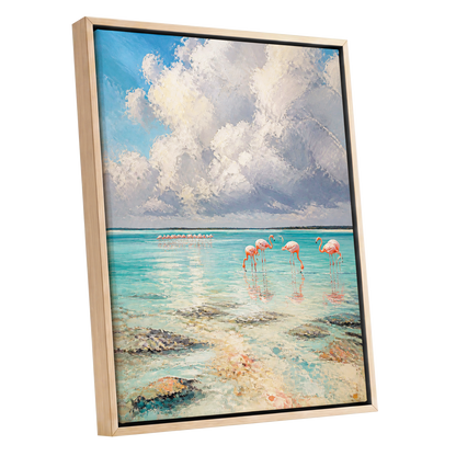 Flamingo Tides, blue, white, pink nature wall art shown as a oak framed canvas wall art