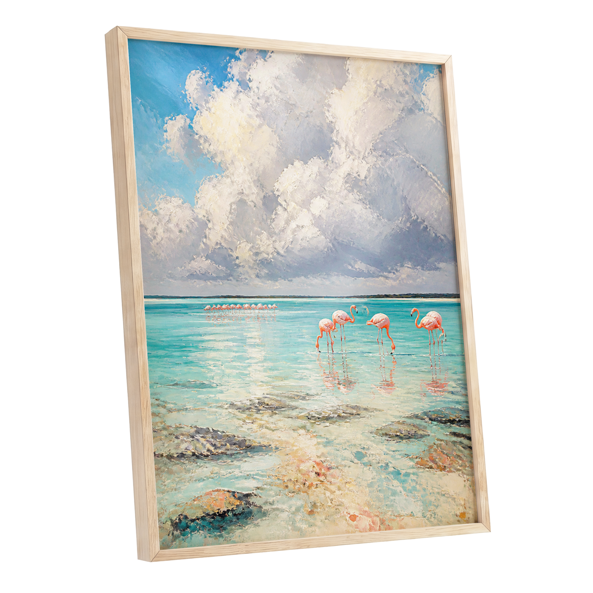 Flamingo Tides, blue, white, pink nature wall art shown as a oak framed poster wall art print