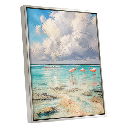 Flamingo Tides, blue, white, pink nature wall art shown as a silver framed canvas wall art