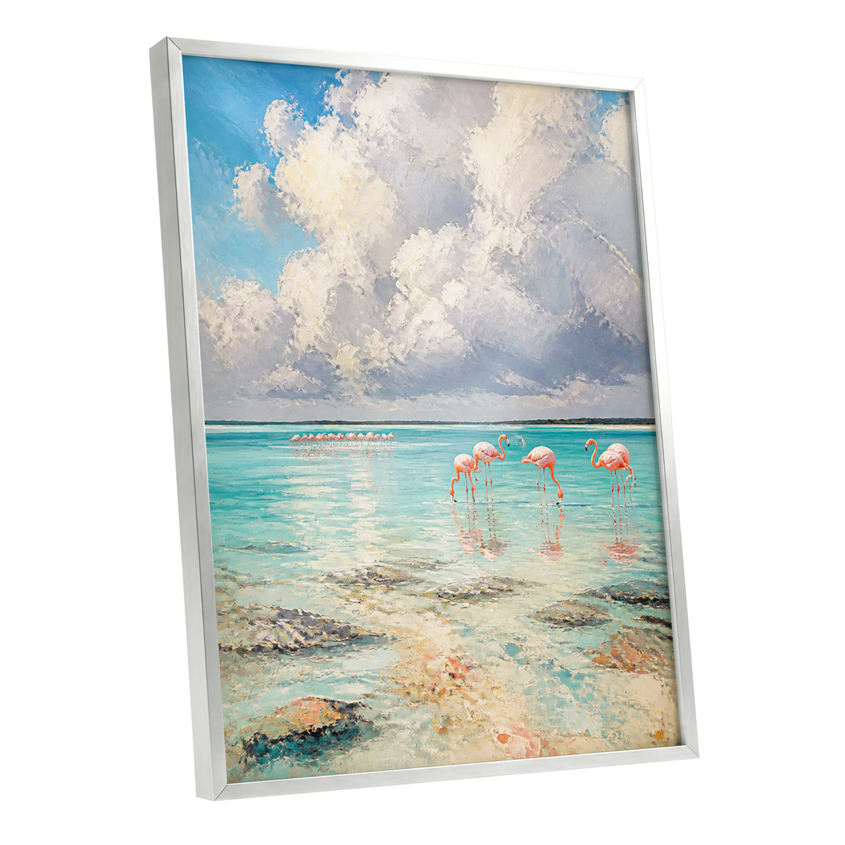 Flamingo Tides, blue, white, pink nature wall art shown as a silver framed poster wall art print