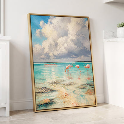 Flamingo Tides, blue, white, pink nature wall art displayed in a styled interior, gallery view 1