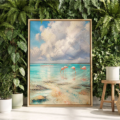 Flamingo Tides, blue, white, pink nature wall art displayed in a styled interior, gallery view 2