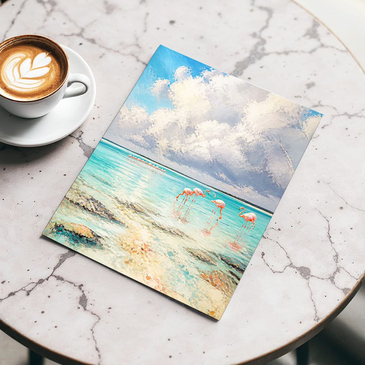 Flamingo Tides, blue, white, pink nature wall art displayed in a styled interior, gallery view 3