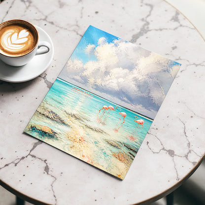 Flamingo Tides, blue, white, pink nature wall art displayed in a styled interior, gallery view 3