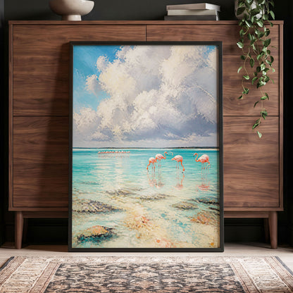 Flamingo Tides, blue, white, pink nature wall art displayed in a styled interior, gallery view 4