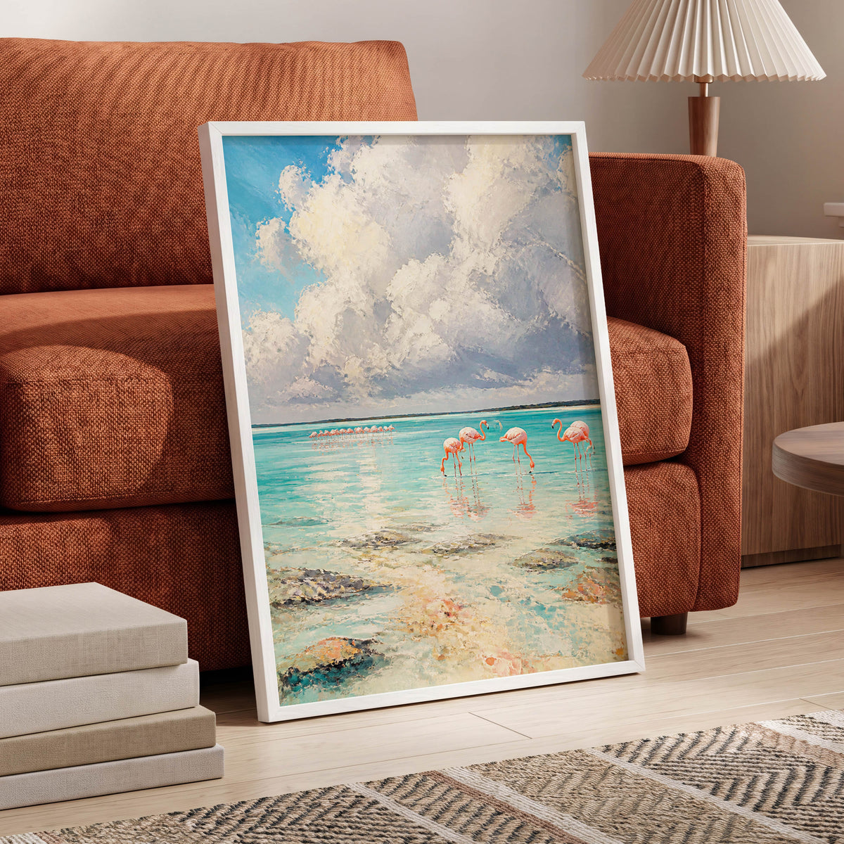 Flamingo Tides, blue, white, pink nature wall art displayed in a styled interior, gallery view 5