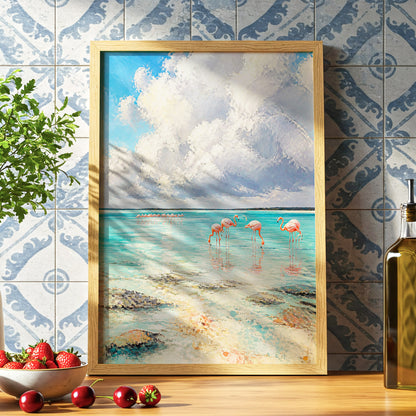 Flamingo Tides, blue, white, pink nature wall art displayed in a styled interior, gallery view 6