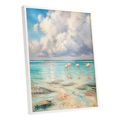 Flamingo Tides, blue, white, pink nature wall art shown as a white framed poster wall art print