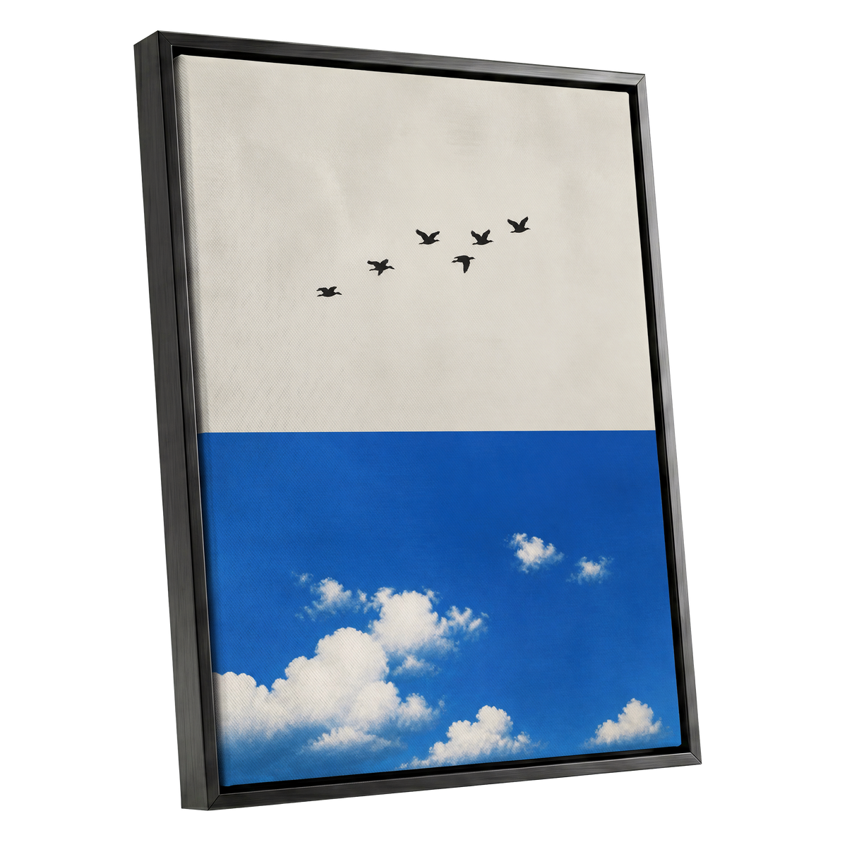 Flight Above the Blue, beige, blue, black nature wall art shown as a black framed canvas wall art