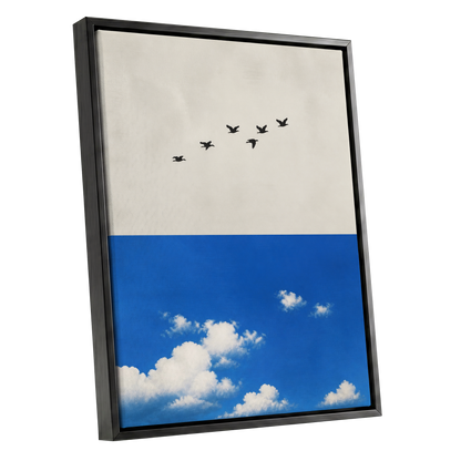 Flight Above the Blue, beige, blue, black nature wall art shown as a black framed canvas wall art