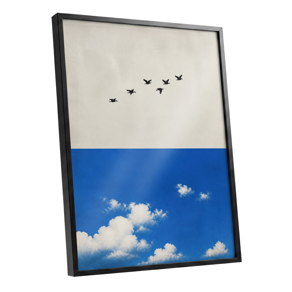 Flight Above the Blue, beige, blue, black nature wall art shown as a black framed poster wall art print