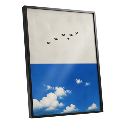 Flight Above the Blue, beige, blue, black nature wall art shown as a black framed poster wall art print
