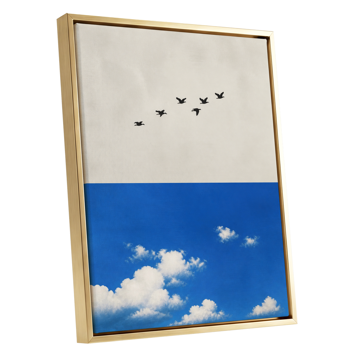 Flight Above the Blue, beige, blue, black nature wall art shown as a gold framed canvas wall art