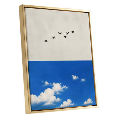 Flight Above the Blue, beige, blue, black nature wall art shown as a gold framed canvas wall art