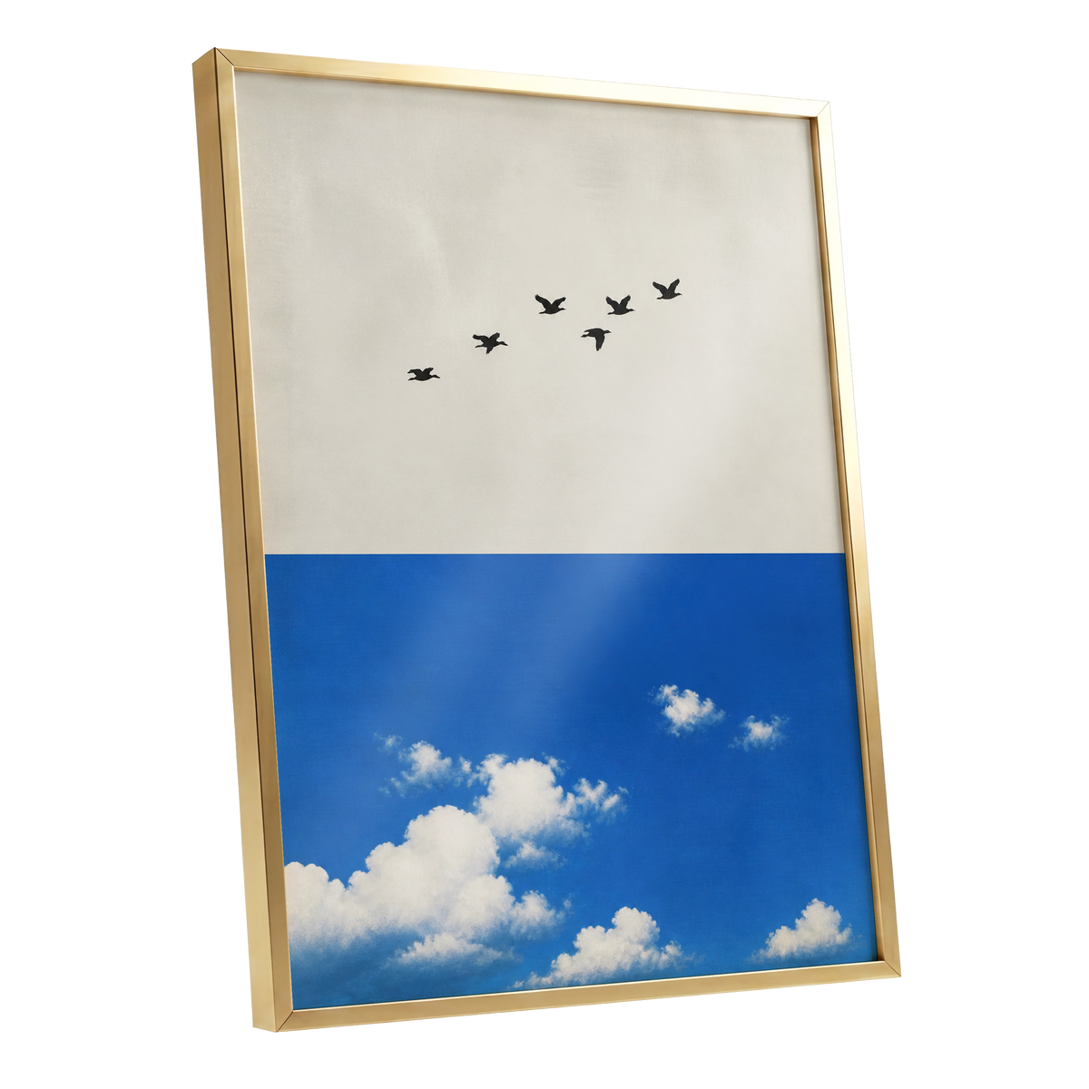 Flight Above the Blue, beige, blue, black nature wall art shown as a gold framed poster wall art print