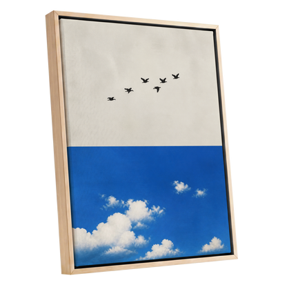 Flight Above the Blue, beige, blue, black nature wall art shown as a oak framed canvas wall art