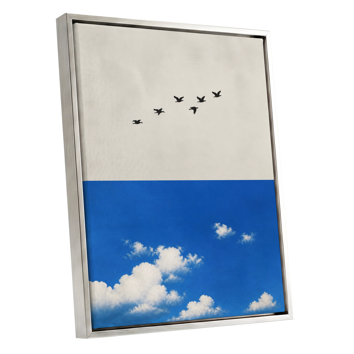 Flight Above the Blue, beige, blue, black nature wall art shown as a silver framed canvas wall art