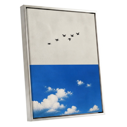 Flight Above the Blue, beige, blue, black nature wall art shown as a silver framed canvas wall art