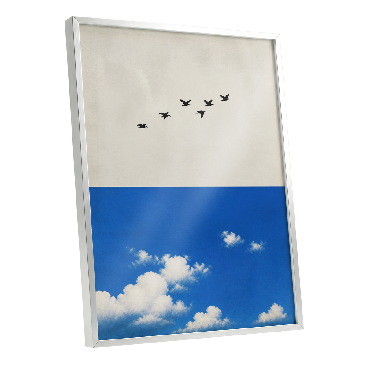 Flight Above the Blue, beige, blue, black nature wall art shown as a silver framed poster wall art print