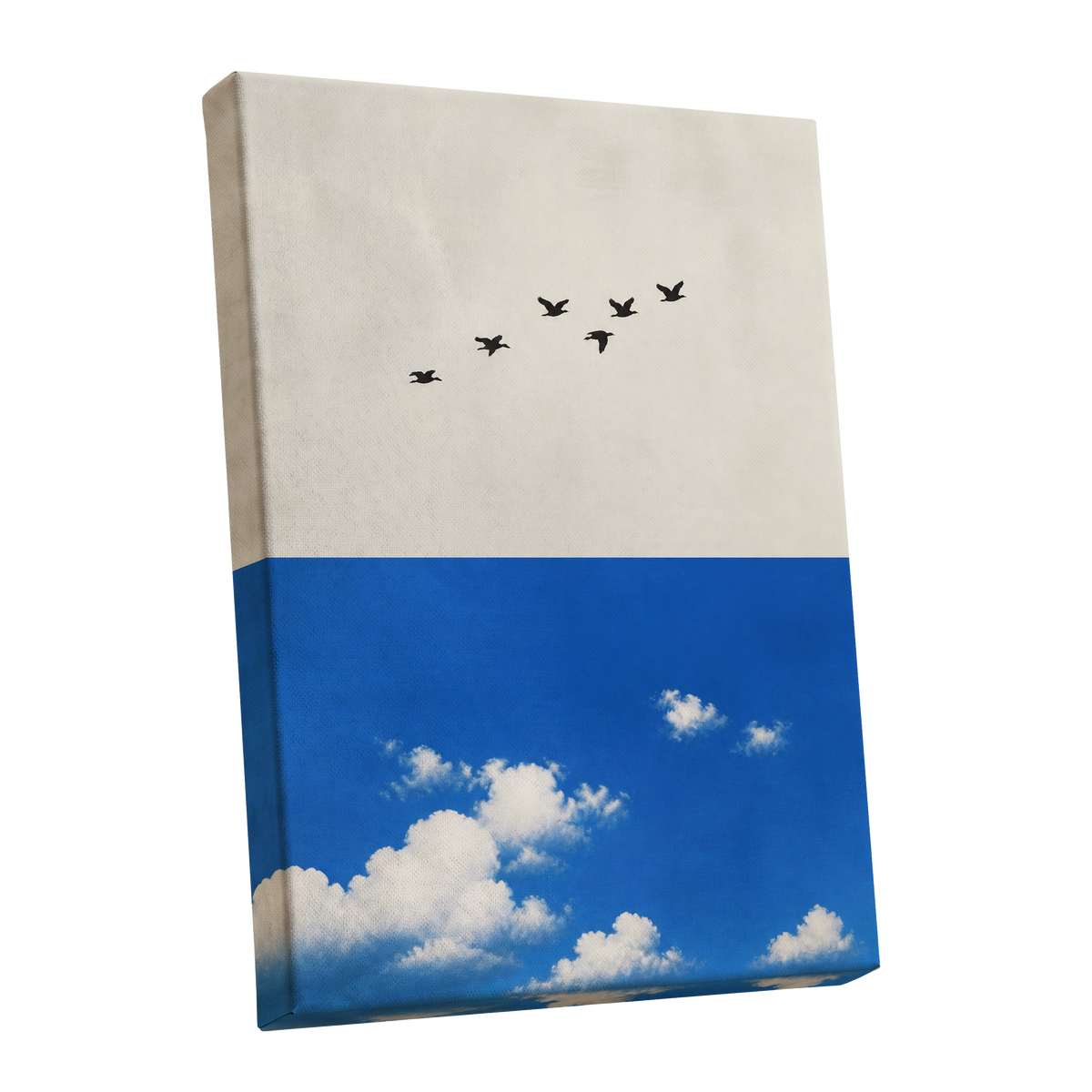 Flight Above the Blue, beige, blue, black nature wall art shown as a stretched canvas wall art